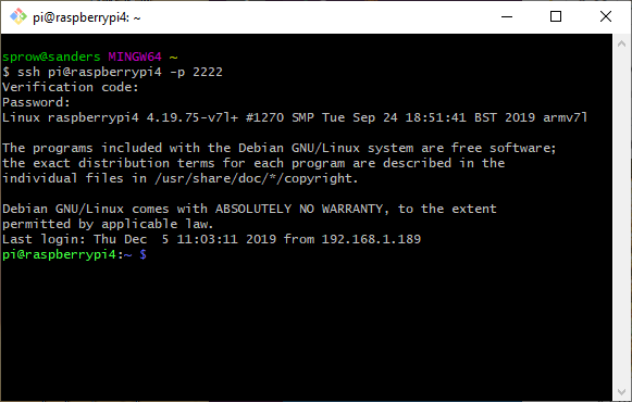 Screenshot of a terminal session loggin in via SSH with 2FA