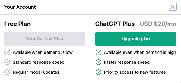 ChatGPT pricing descriptions of free plan and ChatGPTPlus