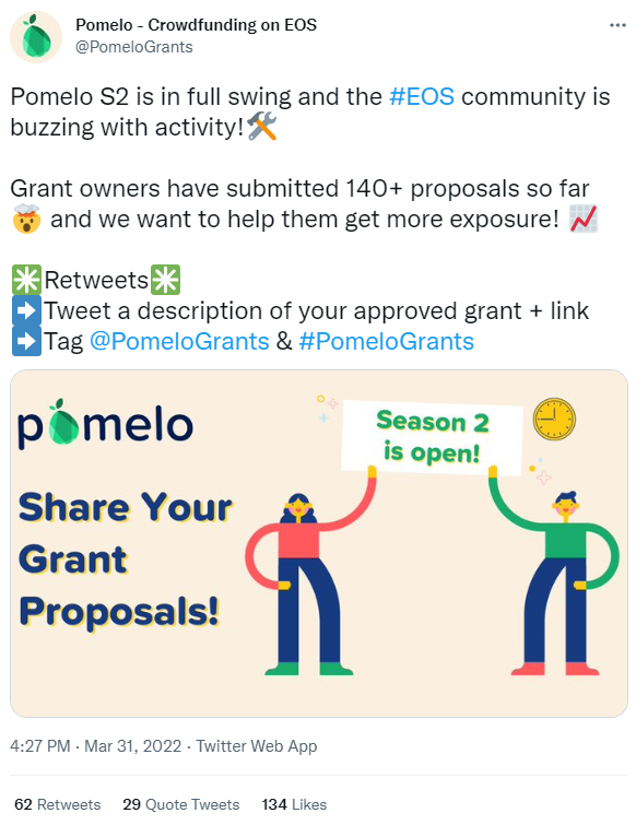 Pomelo tweet promoting our offer of a retweet for newly approved grants.