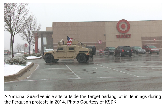 A National Guard vehicle sits outside the Target parking lot in Jennings during the Ferguson protests in 2014. Photo Courtesy of KSDK.