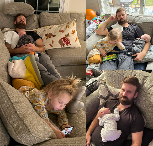 Left: Michael sleeping on a sectional couch with Mason laying on his chest and Charlotte lounging by his feet watching a video on an iphone. Upper right: Michael trying to relax holding Mason in his left arm and Charlotte on his right side leaning on him while see watches a video on her kindle. Lower right: Michael witting on the couch smiling as he lets Mason sleep on his chest.