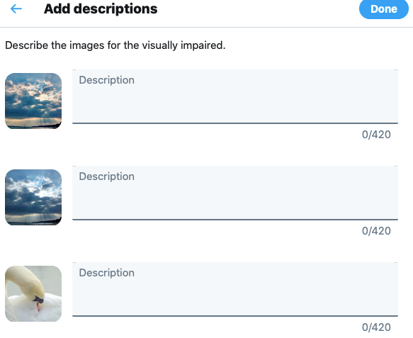 Screenshot showing Twitter’s description fields for adding image descriptions to multiple images at once on the same tweet.