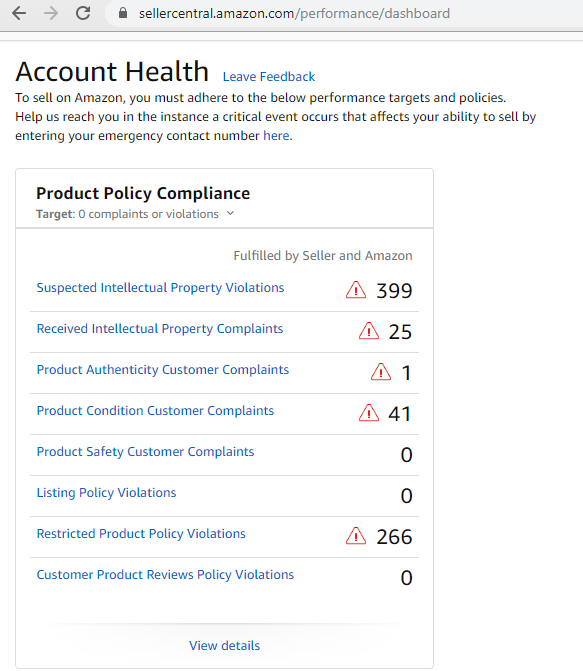 Amazon Account Health center shows product policy complaints