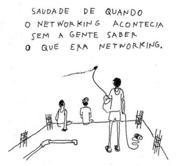 Ilustração de e garotos em cima de uma laje, um deles soltando pipa. Acompanha a ilustração a frase: Saudade de quando o networking acontecia sem a gente saber o que era networking.