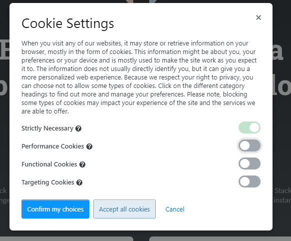 A cookie pop-up showing the variety of options available when you click on manage cookies