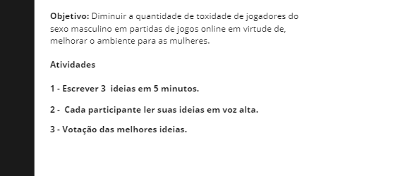 Roteiro de atividades realizadas no Brainstorming.