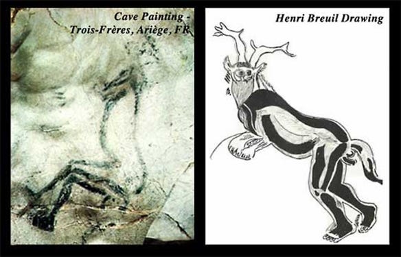 Juxtaposed images: a cave painting of a roughly human figure, and a drawing of the cave painting by Henri Breuil. The figure is seen from the side. It has a slightly horse-like body and tail, and what look like antlers on its head, and a slightly owl-like face. It is looking out of the image, with its arms/forelegs held in front of its body. Under its tail, there is a clearly drawn phallus