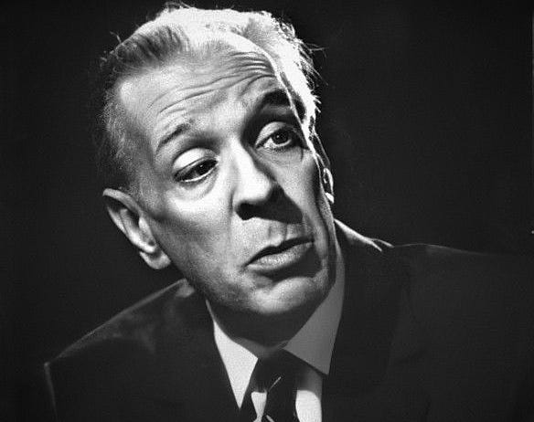 A black-and-white photo of Jorge Luis Borges
