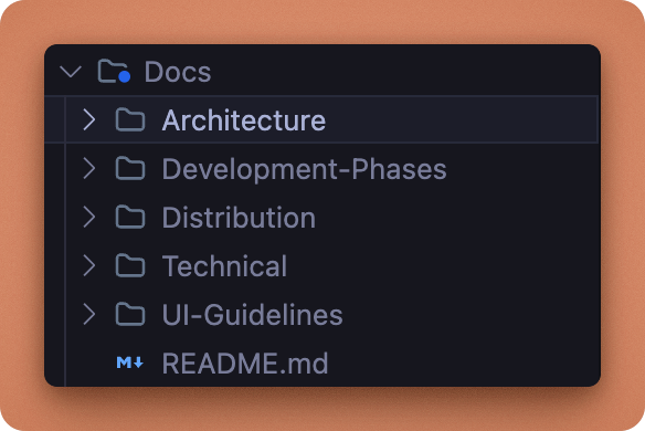 an image of a sidebar in cursor that shows documentation practices with architecture, phases, distribution and technical documentation to give additional context to AI while prompting