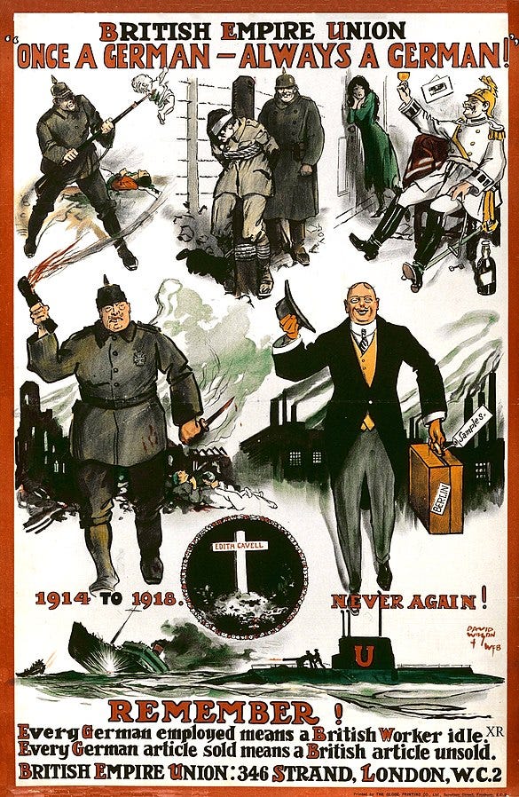 Anti-German sentiment continued past the end of the WWI and for many, right into WWII.