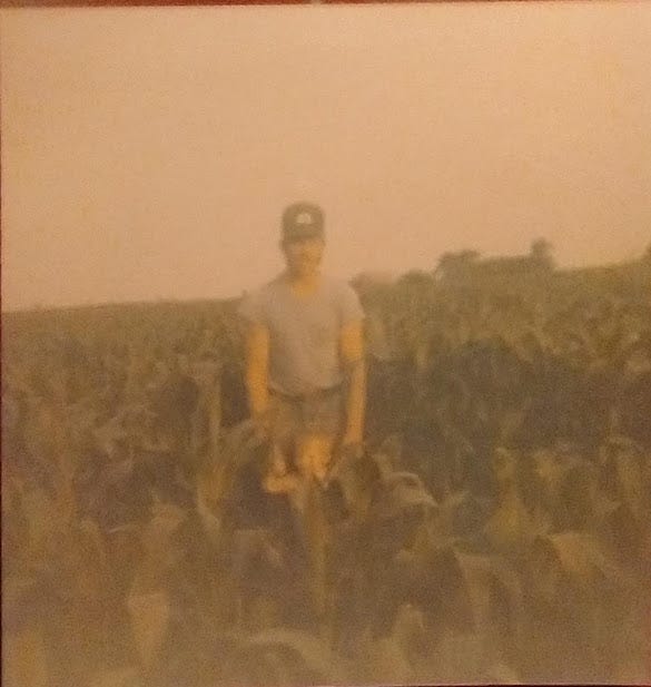 The author and his dad are posing in a field.