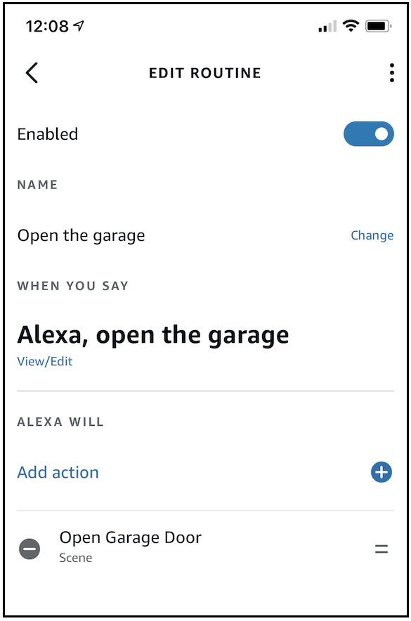 The “Open the garage” routine in the Alexa app