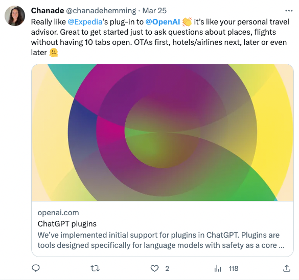 Tweet I shared to show the Expedia collab with ChatGPT