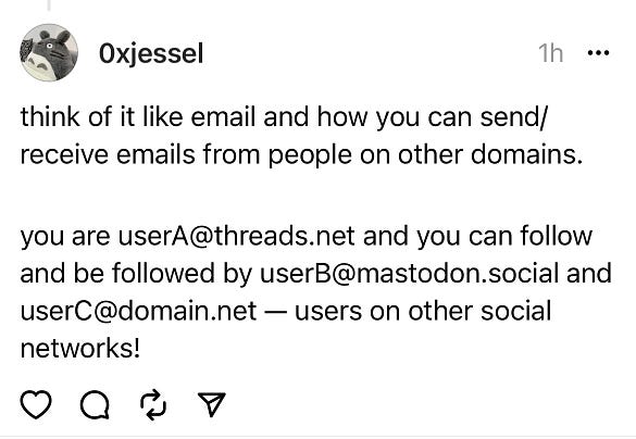 A screenshot of Jess Chan explaining how Threads works like an email between social platforms.