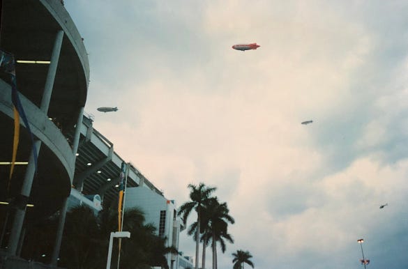 Blimps and helicopters over Joe Robbie Stadium, Super Bowl XXIX, 1995