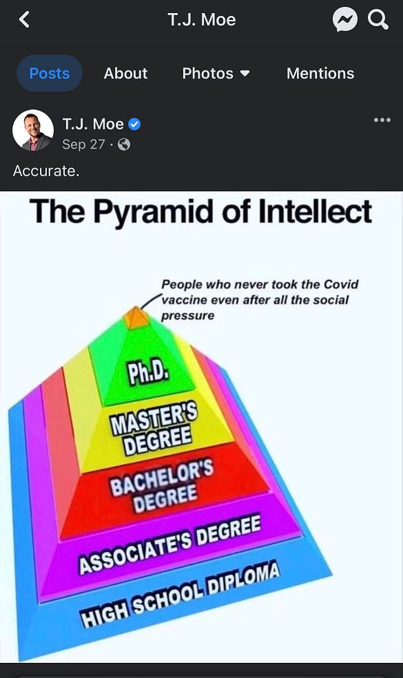 TJ posts about the Pyramid of intellect with “People who never took the covid vaccine even after all the social pressure” at the top