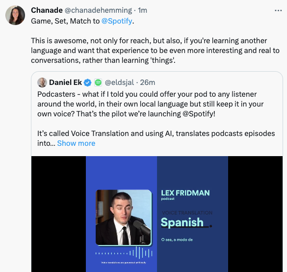 a tween celebrating Spotify’s recent pilot to share the podcasts on the platform in alternative languages