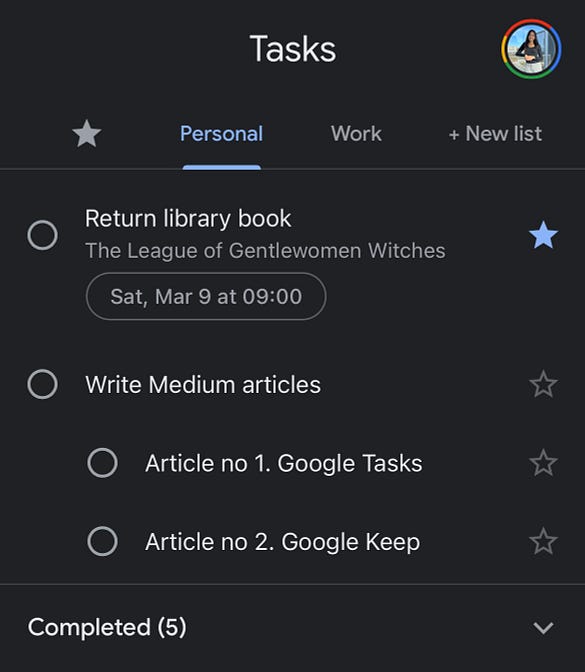 A screenshot of the Google Tasks app.