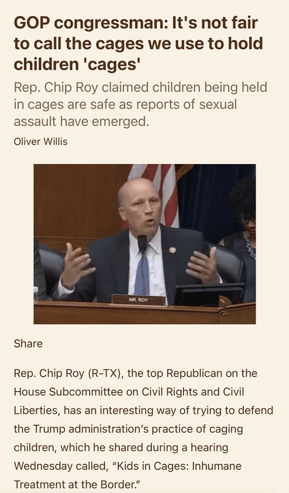 A screen shot of Chip Roy in the news defending the detention of children under President Trump, responding to claims of sexual assault in detention