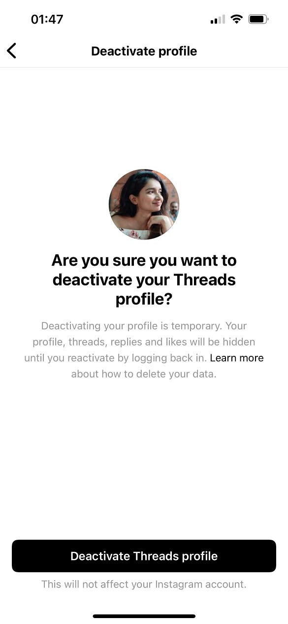 A screenshot of the Deactivation page on Threads,