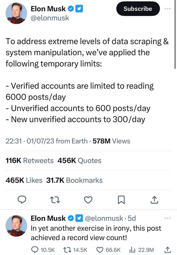 A screenshot of Elon Musk tweeting about the rate limit, where non-verified users could only read 600 posts per day.