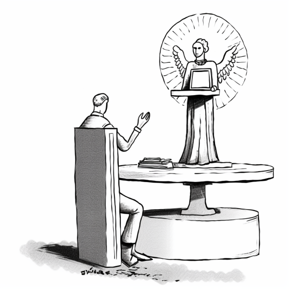 An image of a man sitting at a table, facing an angel that is holding a laptop. It appears that he is worshiping the laptop.