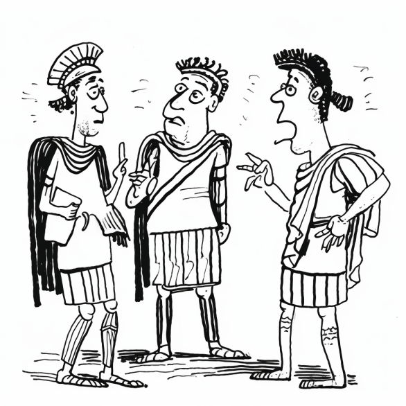 Three ancient roman centurions having a debate, black and white line art