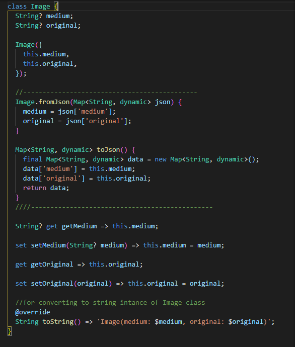 constructor , fromJson method and getter-setter methods of Image class