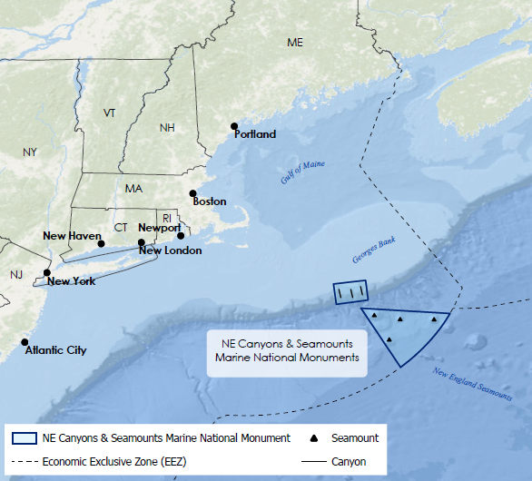 Map showing the location of Northeast Canyons and Seamounts Marine National Monument