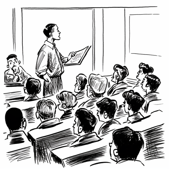 black and white line art image of students in a class