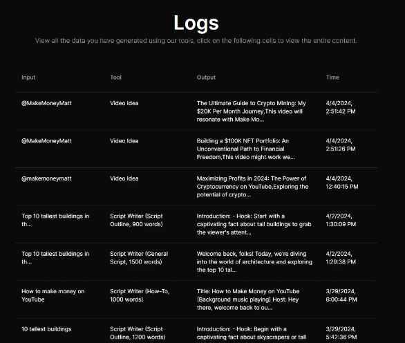 logs history, tube magic features
