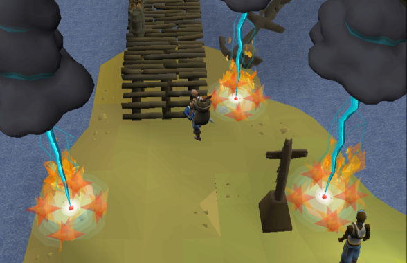 A player in the Tempoross minigame experiencing the “Lightning Storm” mechanic in Old School RuneScape.