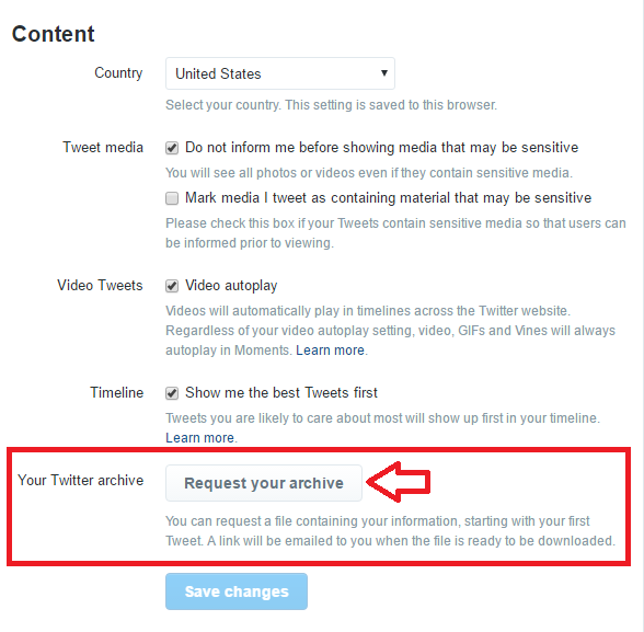 Click the button to request your Twitter archive be emailed to your account email address.