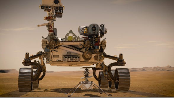 In February 2021, NASA’s Mars 2020 Perseverance rover and NASA’s Ingenuity Mars Helicopter (shown in an artist’s concept) will be the agency’s two newest explorers on Mars. Both were named by students as part of an essay contest.