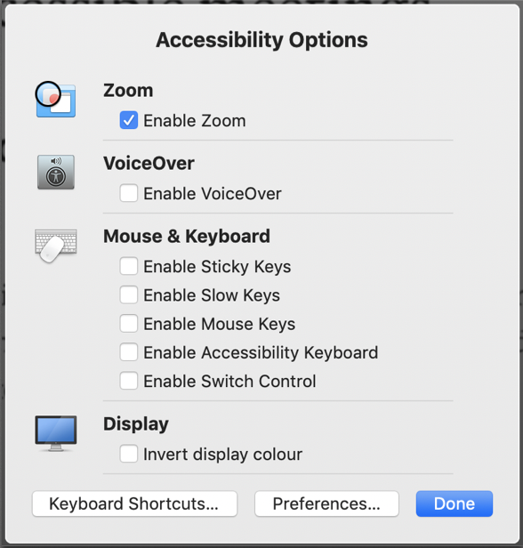 Screenshot of apple accessibility shortcut with “enable zoom” activated