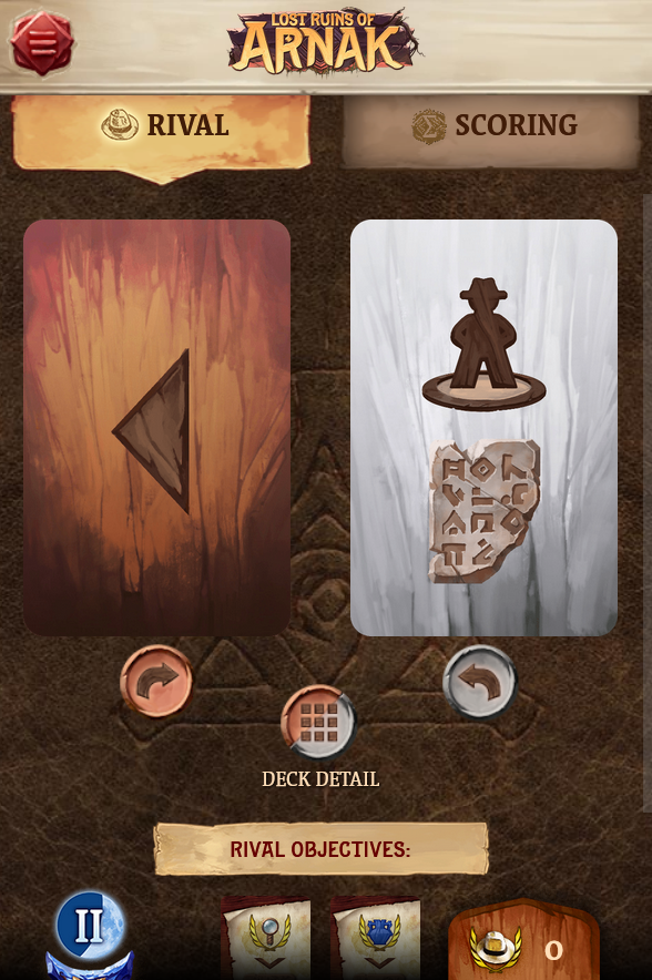 Web app for the game Lost Ruins of Arnak. Depicts two cards prominently in the middle of the screen, the one on the left with a left-facing arrow, and the one on the right with two icons from the game. Buttons above and below the cards allow some interactivity. There is also a scoring tab listed at the top of the image.