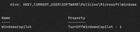 Screenshot of a PowerShell console showing Windows registry key-value configuration when Windows Copilot is turned off.