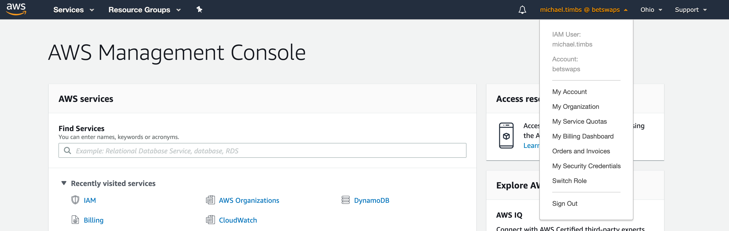 AWS Console — IAM user login with Switch Role