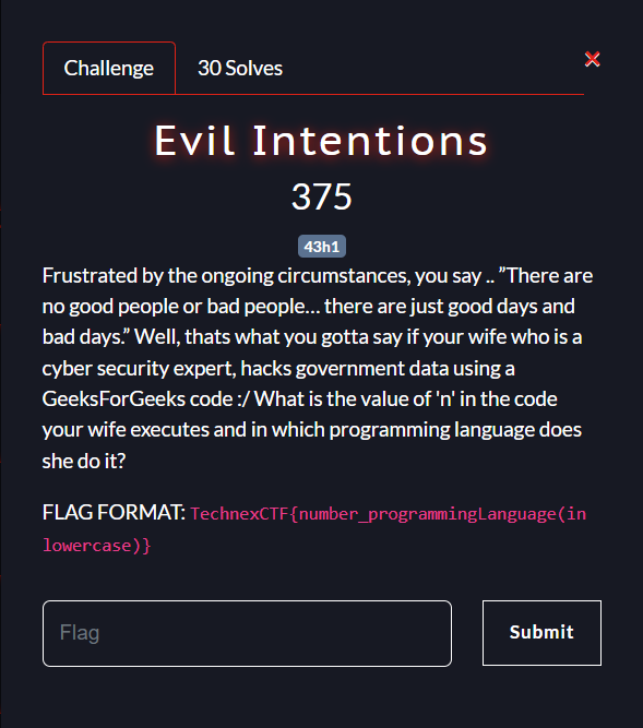 “Evil Intensions” Challenge’s description from TechnexCTF 2024