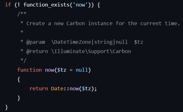 Definition of the now() function in the Laravel framework