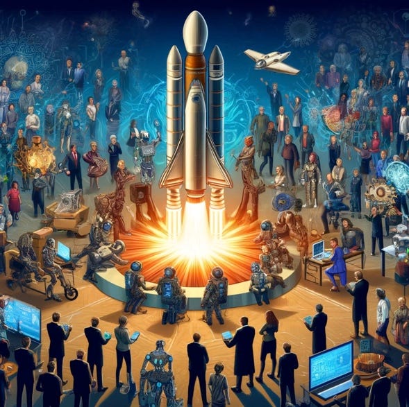 A rocket is being propelled into space. Technologists and robots are Immediately guiding it and behind them, steering the course, is the government, civil society, thinkers, and concerned citizens. DALL E