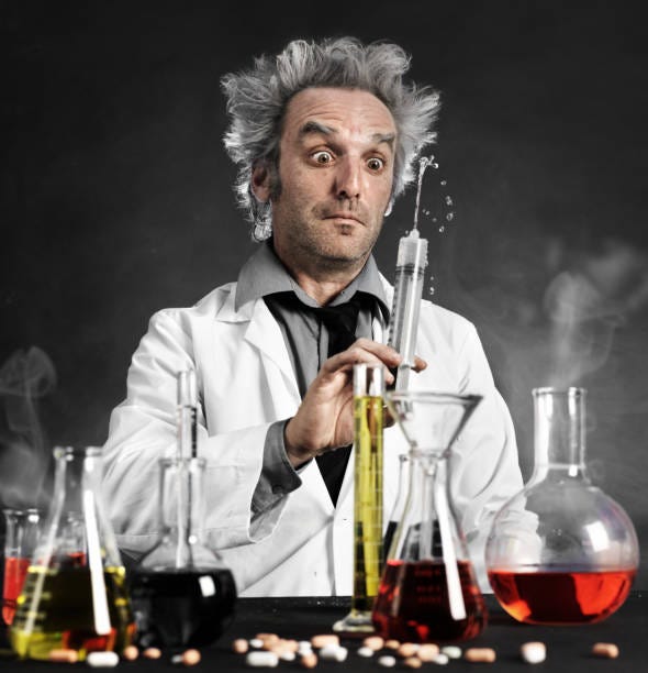 a weird scientist staring at syringe and several glass jars with unknown chemical are in front of him