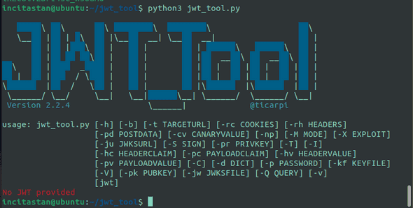 Image shows a sample screenshot from the tool jwt_tool, with the usage guide