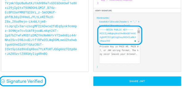 Image shows the public key also pasted the corresponding field in jwt.io, and that the JWT is now verified