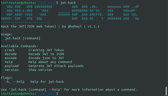 Image shows a sample screenshot from the tool jwt_hack, with the usage guide