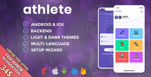 Athlete - Fitness & Workout Mobile App for iOS and Android with Admin Panel, Languages & Themes