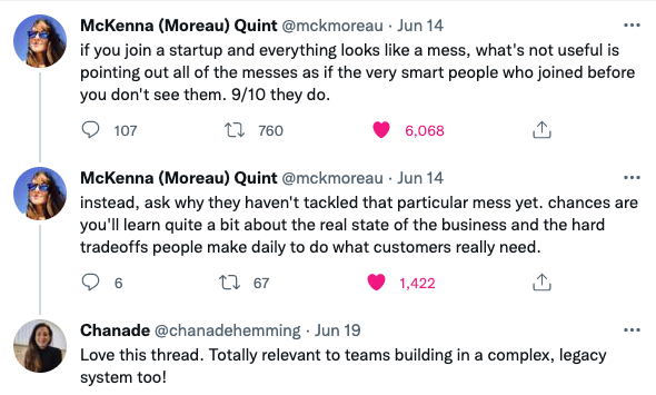 tweet thread talk about complexity when you join a new time and appreciating why it is that was and working with the team to learn and not challenge it