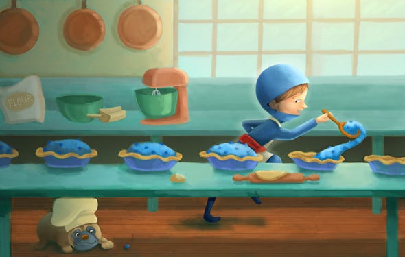 child in blue hoodie filling pie tins with blueberry filling by Kim Soderberg (represented by Illustration Online LLC)