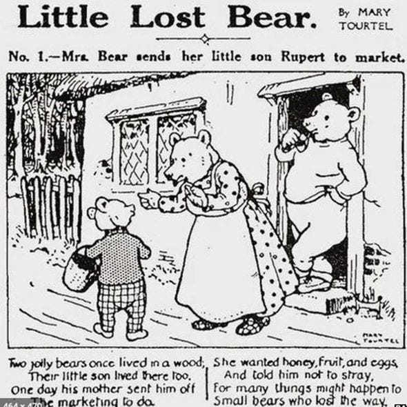 The first Rupert comic, titled “Little Lost Bear”. It is black and white, drawn in ink, and shows Rupert leaving home with a shopping basket. His mother is wearing an apron and speaking to him whilst his father leans against the front door frame, smoking a pipe.