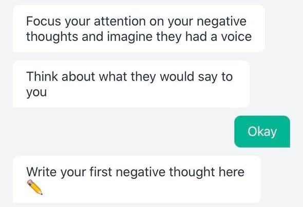 Woebot asking a user to provide an example of one of their negative thoughts